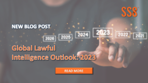 Social card for Lawful Intelligence Outlook 2023 blog, with hand tapping virtualized 2023 button.