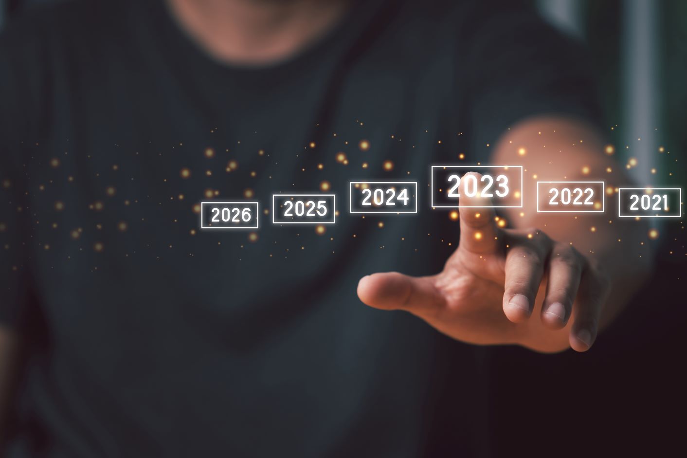 Hand tapping a virtualized '2023' button