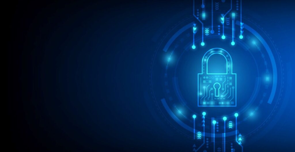 Locked digital padlock laid over data streams