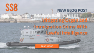 British Border Patrol boat with blog title "Mitigating Organized Immigration Crime with Lawful Intelligence".