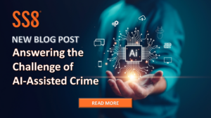 "Answering the Challenge of AI-Assisted Crime" blog with hand holding digital circuit board with AI in the middle.