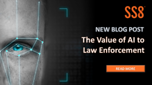 Closeup of human eye with digital network overlays; blog title Value of AI to Law Enforcement.