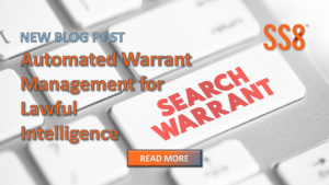 Keyboard with "search warrant" on the shift key and text "New Blog Post: Automated Warrant Management for Lawful Intelligence"