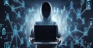 A hooded criminal holding a laptop and a background of connected digital icons of locks and people