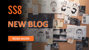A investigation evidence board showing suspects, maps, photos, etc connected by string, with text "SS8 New Blog Read More"