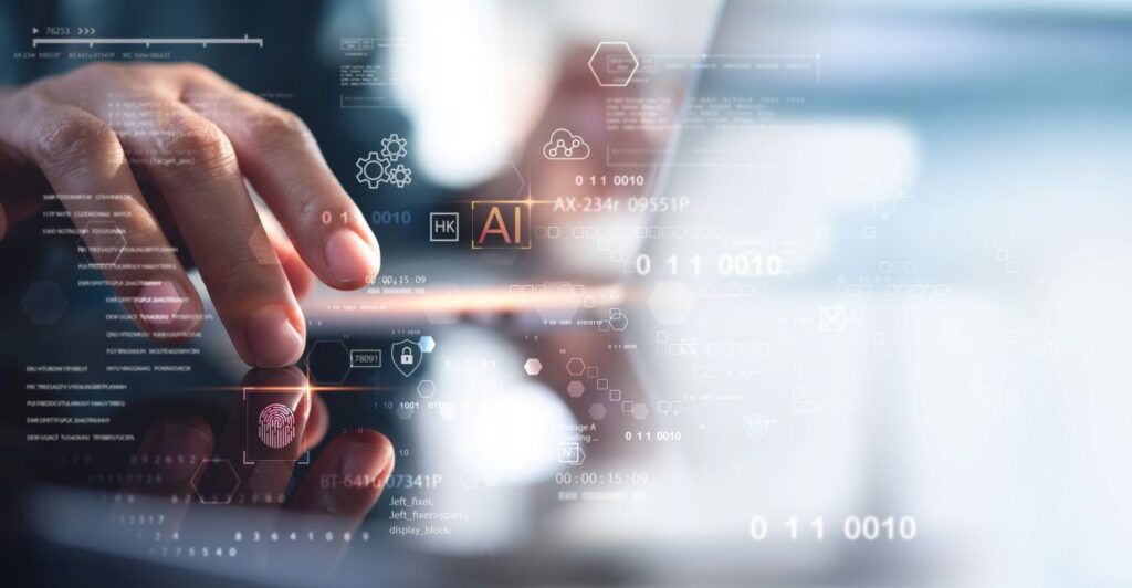 A hand typing at a laptop with lines of code and gear, cloud, fingerprint, and other icons overlaid.
