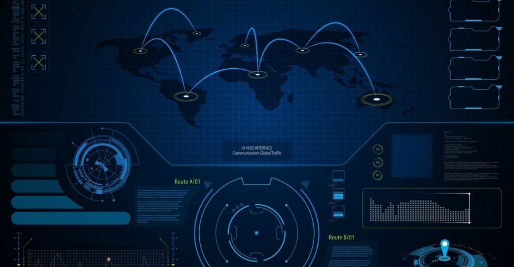 A digital dashboard showing a world map with connected locations and various other charts and graphs.