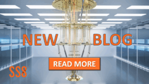 A quantum computer in a room of servers and text "New Blog. Read More"