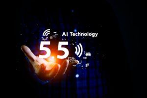 An open hand with WiFi icons, the number 5.5, and the text AI Technology floating above it.