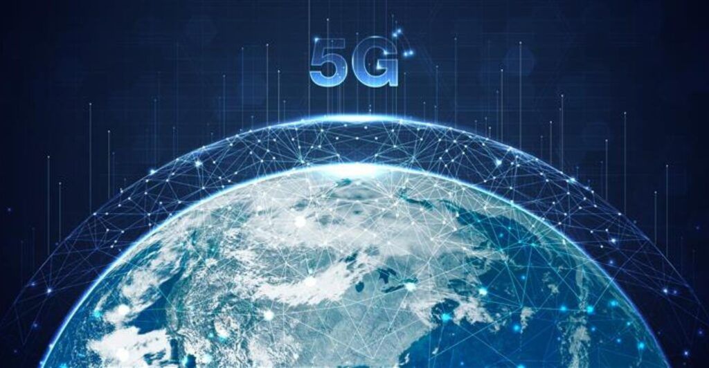 Earth surrounded by a digital network with "5G" above it