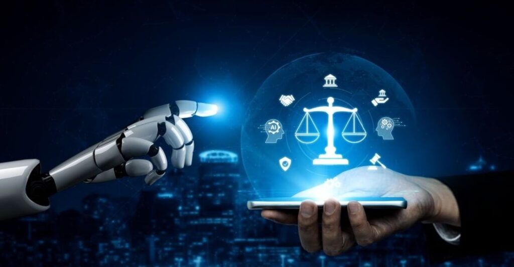 A human hand holding a digital Scales of Justice and a robotic hand reaching out to touch it