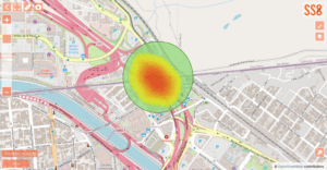 A map of a border with a heat map indicating border crossings