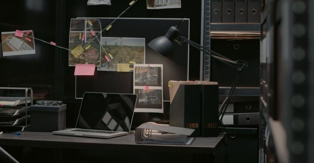 An investigator's desk with a laptop, case files, and evidence board