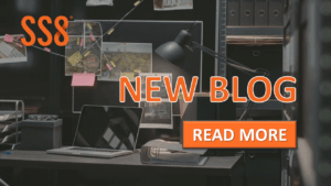 An investigator's desk with a laptop, case files, and evidence board, and the SS8 logo