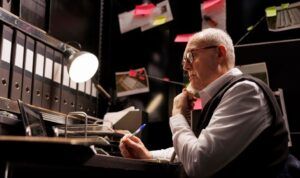 A detective on the phone at a desk covered with evidence and case files.