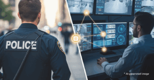 A split image of a street cop and an intelligence analyst at a workstation with a digital network connecting them (AI-generated).