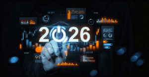 A 3D digital dashboard showing data, charts, and 2026 with a power button for the 0, being pressed by a finger