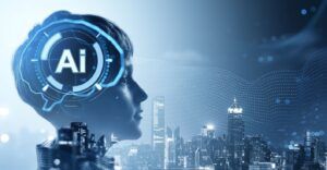 Nouveau blog SS8 avec l'image de la tête d'un garçon, sur laquelle figure une icône représentant un cerveau et la mention « AI » au centre, avec en arrière-plan la silhouette d'une ville