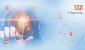 A digital fingerprint with location, law enforcement, and telecom icons radiating from it