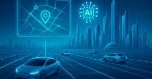 Voitures intelligentes avec IA et icônes de localisation, et une ville intelligente en arrière-plan
