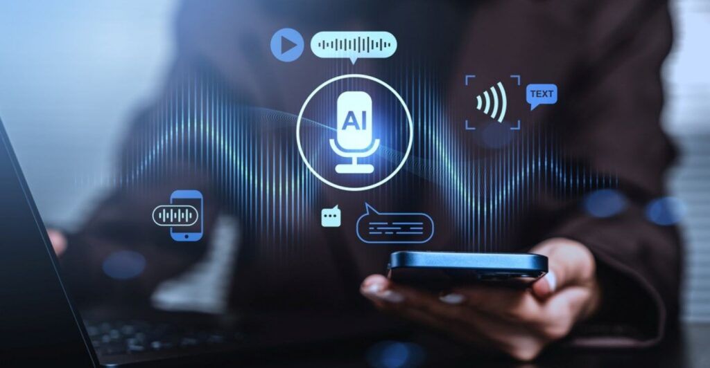 Un téléphone avec une onde sonore en arrière-plan et des icônes numériques, dont un micro intégrant une intelligence artificielle, flottant au-dessus.