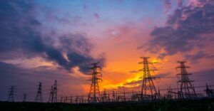 An electrical generation plant at sunset.