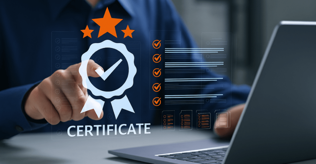 Une personne devant un ordinateur portable, tenant une liste de contrôle numérique et portant un badge sur lequel est inscrit le mot « Certificat »
