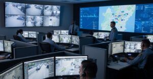 A Real Time Crime Center with police officers investigating location data and maps