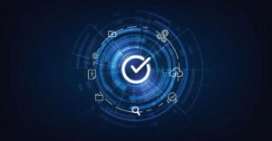 A digital check mark surrounded by icons including a cloud, files, gears, and magnifying glass.