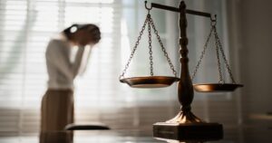 A Scales of Justice in the foreground with a blurry woman crying in the background.