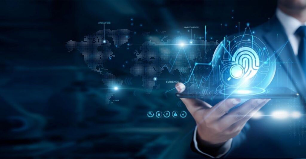 A hand holding a tablet with a 3D digital icons of a fingerprint, magnifying glass, and world map projected above it